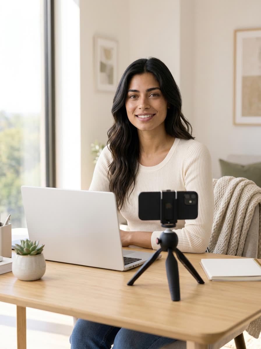 Sofia at a desk with a laptop and a phone on a tripod